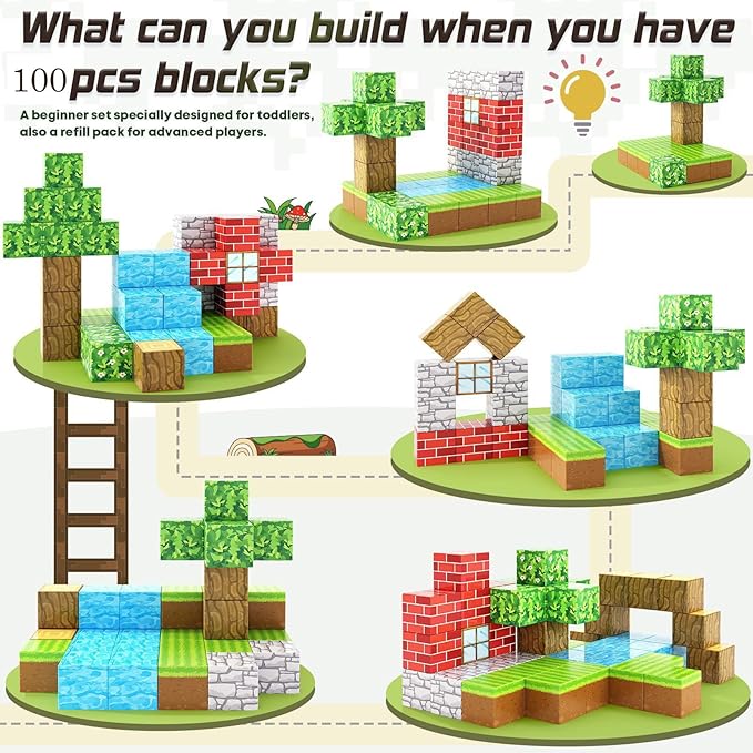 Magnetic Blocks 100PCS Magnetic Tiles Building Blocks Build Forest World Set Toys for Kids Boys Girls Ages 8+ Easter Christmas Birthday Gifts
