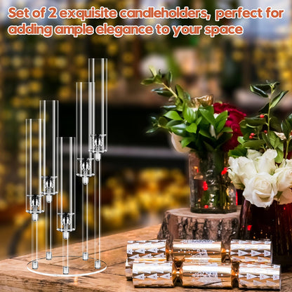2 Set 5 Arm Acrylic Candle Holder, Mjkeomo 22'' Tall Candelabra Centerpieces for Tables, Candlesticks Holder with Lampshade for Housewarming Gift Fireplace Dinner Decor Fit 0.82'' LED Candle