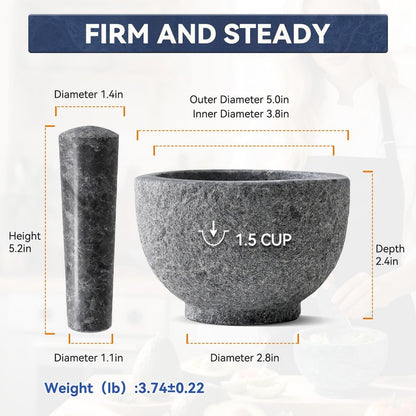 Koville African Natural Granite Mortar and Pestle Set, Grinder Bowl for Guacamole, Salsa, Pill Crusher, Spice, Herb, Garlic, Nut, Heavy Duty Grinder for Kitchen (Sandblasted Finish)