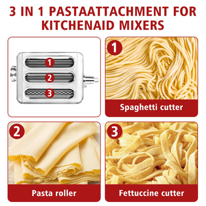 3-in-1 Metal Pasta Maker Attachment, Compatible with All KitchenAid Stand Mixers, Includes Pasta Roller, Fettuccine Cutter, and Spaghetti Cutter, Make Fresh Homemade Pasta with Ease