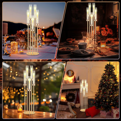 Tandefio 4 Pcs Acrylic Candelabra Centerpieces 35" Tall Clear Candle Holders Pillar Taper Candlestick with Lampshades 5 Arm Floor Candelabra Stand for Wedding Christmas Ceremony Dinner Party
