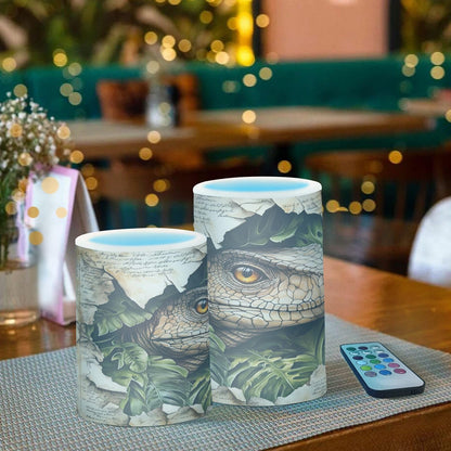 ALAZA Flameless Candles with Remote Timer,Dinosaur Palm Leaves Battery Operated Candles Set of 2 LED Tea Lights Flickering Pillar Votive Candles for Indoor Outdoor Decor