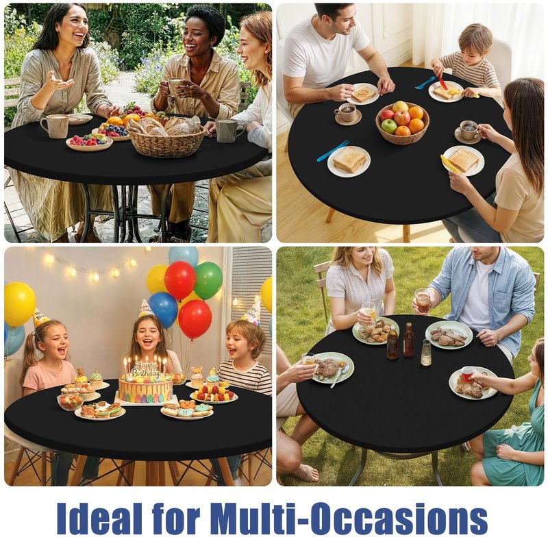 Moosfor Round Spandex Tablecloth, Elastic Fitted Waterproof Tablecloths for 42"-50" Tables, Stretch Washable Picnic Table Cover for Camping, Dining, Indoor and Outdoor, Black
