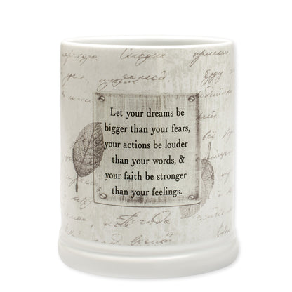 Elanze Designs Dream Bigger Actions Louder Faith Stronger Grey Leaves White Ceramic Stone Jar Warmer