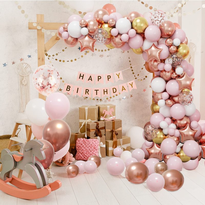 RUBFAC 140pcs Rose Gold Balloon Garland Arch Kit, Light Pink Gold White Metallic Rose Gold Confetti Balloons for Mother's Day Valentine Graduation Birthday Baby Shower Wedding Party Decoration