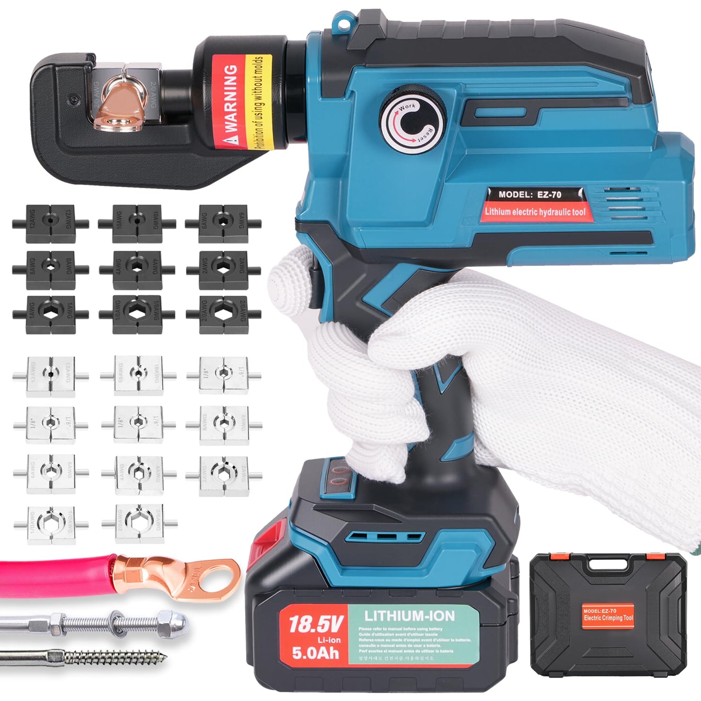 AMZCNC Electric Hydraulic Cable Lug Crimping Tool, 12 AWG to 2/0 AWG Terminal, Cable, Wire Electric Crimper Tool Kit, Battery Crimp Tool Kits with 20 Dies(12AWG~00AWG)