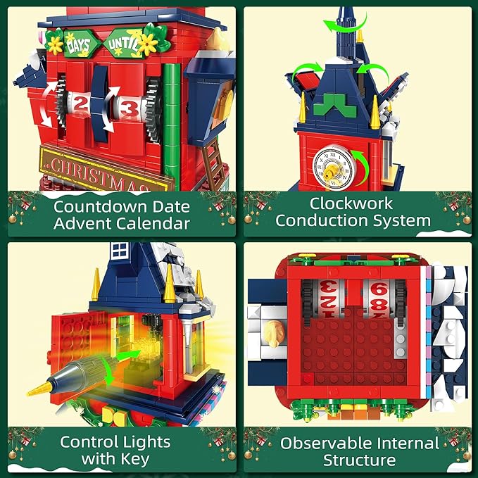 Christmas Countdown Tower House Building Toys - Lego-Compatible Christmas Village House Building Set with LED Light Countdown Clock Tower Christmas Festival Holiday Model Gift Idea for Adult Kids 6+