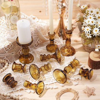 Mumufy 10 Pcs Glass Crystal Taper Candle Holders Clear Glass Candlestick Holder Fit 0.8 Inch Candles Crystal Decorative Candle Stand Centerpiece Table Wedding Dining Party (Classic,Brown)