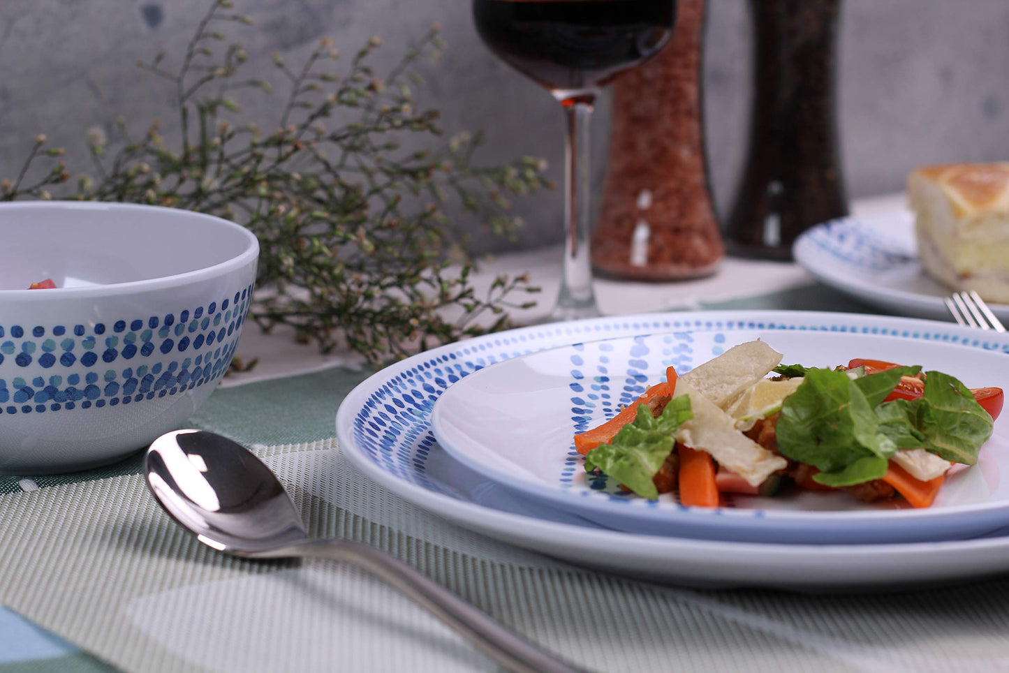 Melamine Dinnerware Sets, 12Pcs Plates and Bowls Sets Dinnerware Sets for 4, Unbreakable Dish Set for Indoor and Outdoor Use, Dishwasher Safe Raindrops Design