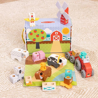 Melissa &amp Doug Blockables™ Farm and Farm Friends 2-Pack Bundle Connectable Wooden Building Blocks Preschool Play Set Toy