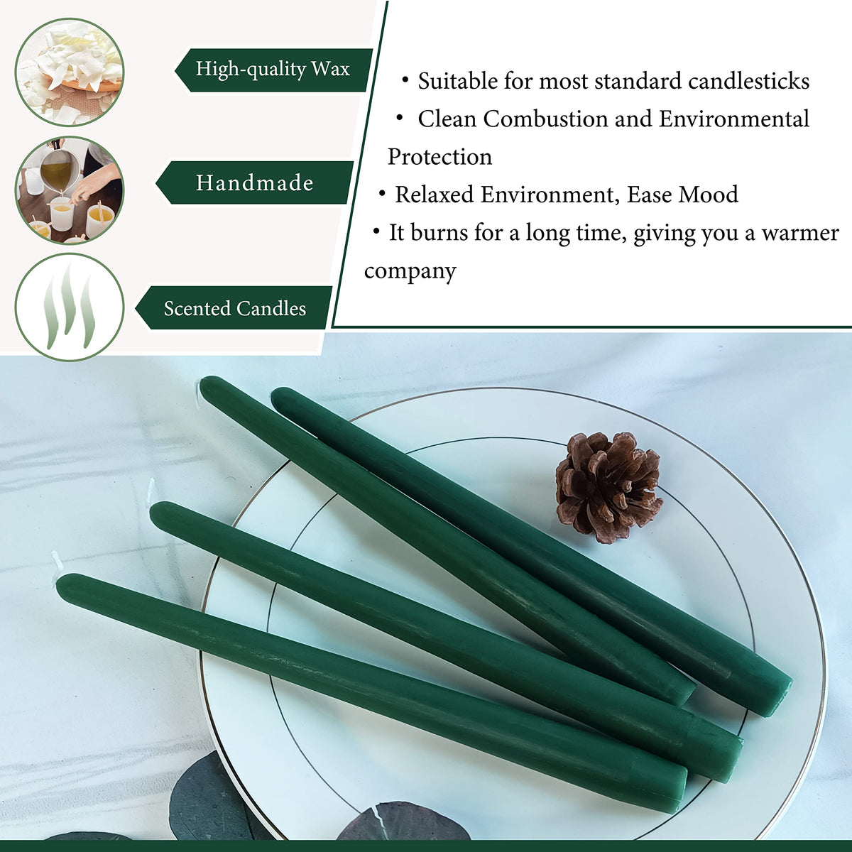4 Pack Tall Taper Candles - 10 Inch Hunter Green Candlesticks, Cedar Scented Taper Candles Dinner Candle - Paraffin Wax with Cotton Wicks - 8 Hour Burn Time