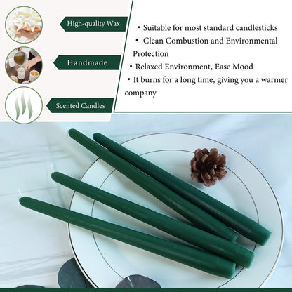 4 Pack Tall Taper Candles - 10 Inch Hunter Green Candlesticks, Cedar Scented Taper Candles Dinner Candle - Paraffin Wax with Cotton Wicks - 8 Hour Burn Time