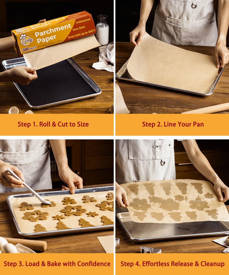GENLGE 300 Sq. Ft Unbleached Parchment Paper Roll – 12" x 300 ft, Non-Stick Brown Baking Parchment Paper, Heavy Duty for Oven, Air Fryer & Grilling