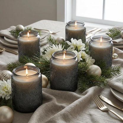 Art Secret 9-Pack 8oz Embossed Glass Candle Jars with Lids and Labels - Sun Moon Stars Design (Gray)