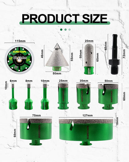 Tile Hole Saw Kit 12pcs - KURSTOL Diamond Core Drill Bits 6/8/10/25/35/50/75/127MM+4/5'' Finger Bit+2'' Chamfer Bit+4-1/2'' Saw Blade+SDS for Tile Porcelain Ceramic Granite Marble