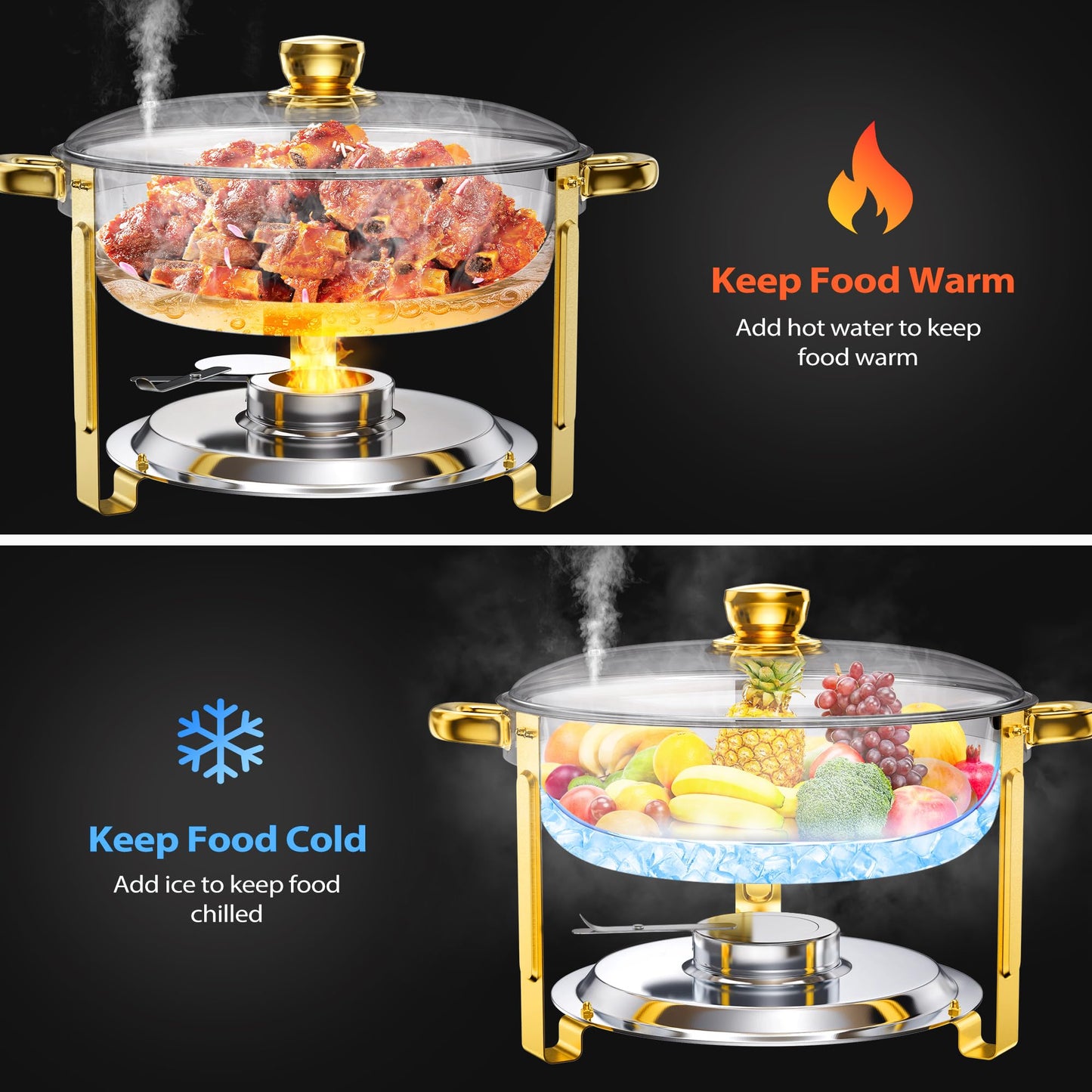 6QT Chafing Dishes for Buffet, 4 Pack Round Stainless Steel Chafing Dish Set, Chafers and Buffet Warmers Sets with Glass Lid, Food Warmers for Parties, Catering, Wedding (Sliver & Gold)
