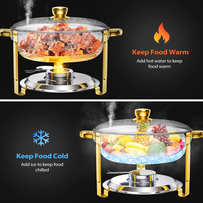 6QT Chafing Dishes for Buffet, 4 Pack Round Stainless Steel Chafing Dish Set, Chafers and Buffet Warmers Sets with Glass Lid, Food Warmers for Parties, Catering, Wedding (Sliver & Gold)