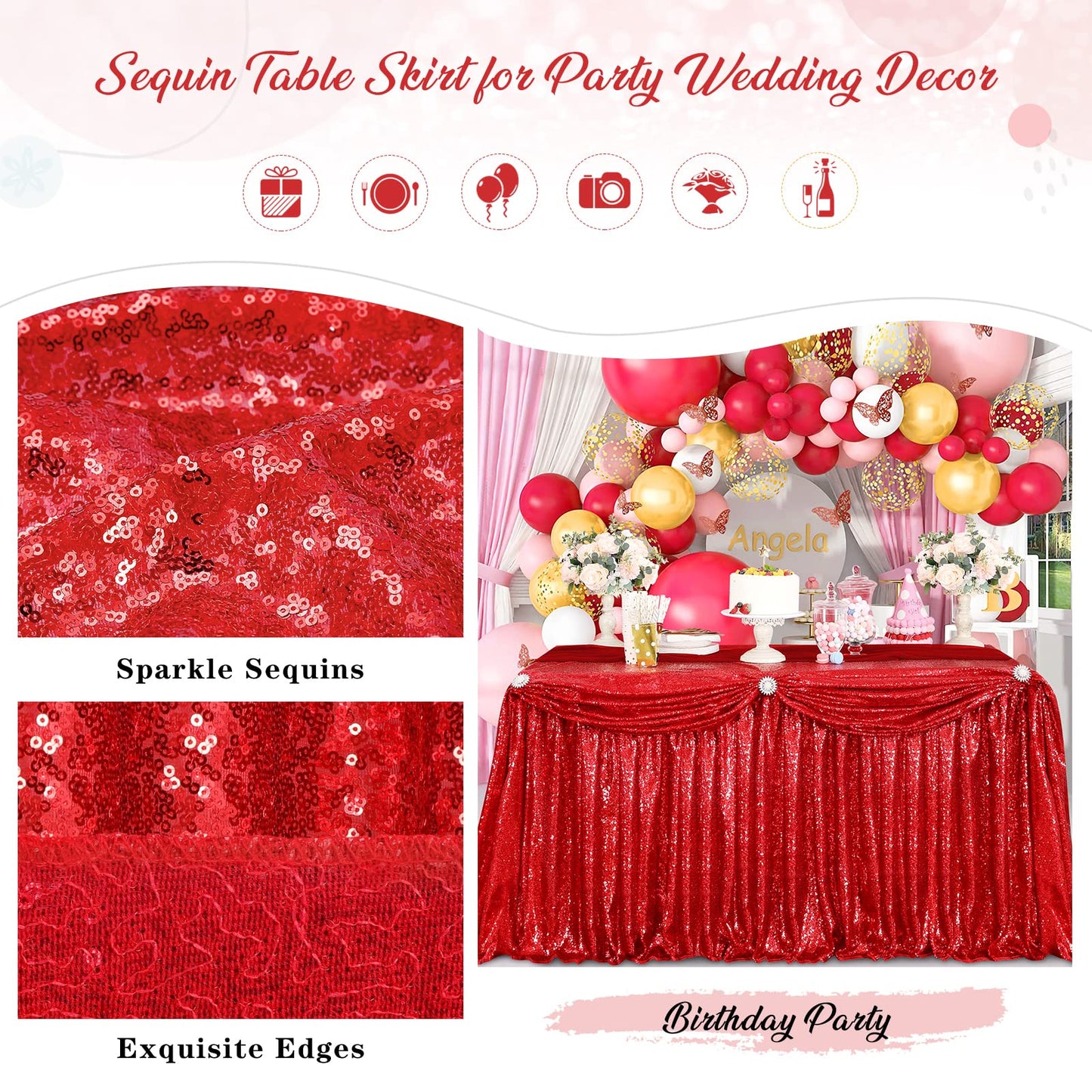 Table Skirt 14ft Red Christmas Table Skirt for Rectangle Square Round Table Sequin Tablecloth for Party Wedding Birthday Decorations