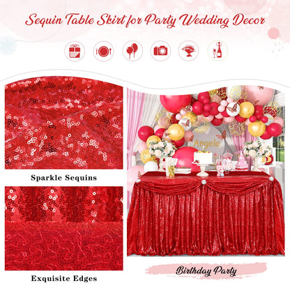 Table Skirt 14ft Red Christmas Table Skirt for Rectangle Square Round Table Sequin Tablecloth for Party Wedding Birthday Decorations