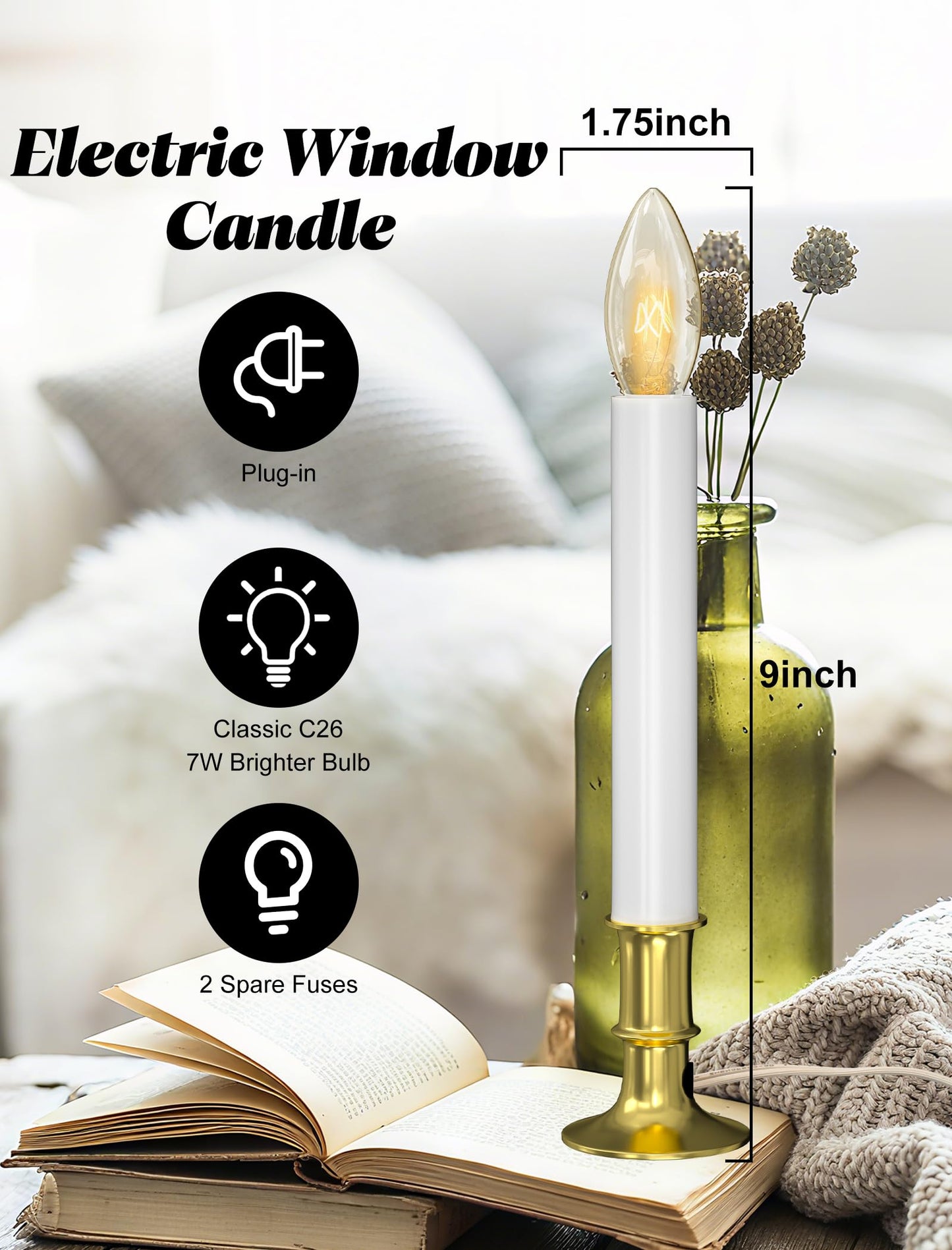 Txcigech Electric Christmas Window Candle Lights - 4-Pack with Dusk-to-Dawn Auto Sensor, Plug-in Corded Window Candle Lamps with C26 Incandescent Bulbs for Holiday Home Decor