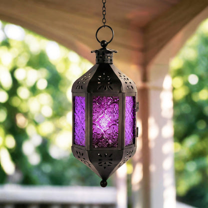 Vela Lanterns Gothic Candle Holder, Hanging Lantern Indoor Lamp, Witchy Whimsigoth Home Decor, Decorative Moroccan Purple Glass Halloween & Vampire Decorations, Metal with 12" Chain, Purple Glass