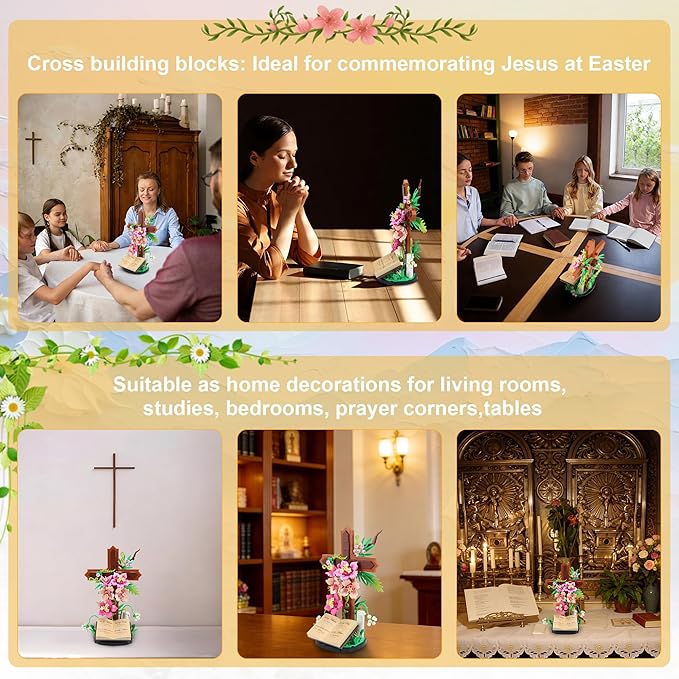 Jesus Cross Flower Building Set for Adults Decorative Cross Building Blocks Great Easter Christmas Christian Birthday Gifts for Mothers Women Adults (363 PCS)