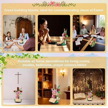 Jesus Cross Flower Building Set for Adults Decorative Cross Building Blocks Great Easter Christmas Christian Birthday Gifts for Mothers Women Adults (363 PCS)