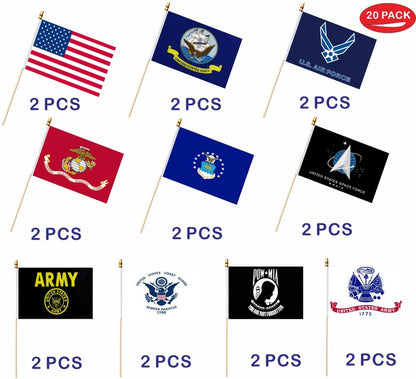 LUSEOAN 20 Pack Military Flag Set Small Mini Army Armed Forces All Branches Handheld Flags on Wooden Stick for Veterans Day,Memorial Day,US Fourth of July Decorations,5x8 Inch