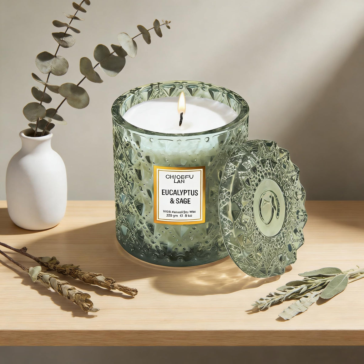 Chloefu LAN Eucalyptus & Sage Scented Candles Luxury Candle with up to 55 Hour Long Lasting, Highly Scented, 100% Soy Wax, 8.1oz, Beautiful Candles, Ideal for Home Decor and Gifts