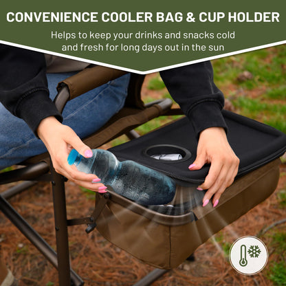 TIMBER RIDGE Folding Camping Chair with Cooler Bag, Director Chair Foldable with Side Table for Adults, Camp Chairs for Outdoor, Lawn, Sports, Fishing, Heavy Duty Supports 300lbs, Earth Brown