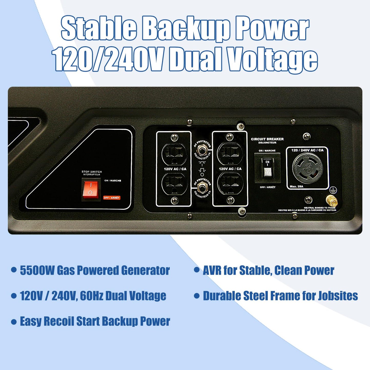 TOOLCY 5500W Gas Powered Generator – High-Performance Gas Generator with AVR, Steel Frame for Backup Power, Jobsite & Outdoor Use, 120V/240V 60Hz, Recoil Start, Not for Sale in California
