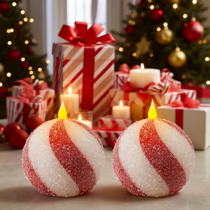 Christmas Sphere Candy-Cane Flameless Candles - Glitter Red&White Real Wax Flickering Ball Candles Battery Operated with Remote, Candy Cane Christmas Decorations, Xmas Tables Centerpieces Decor, 2PCS