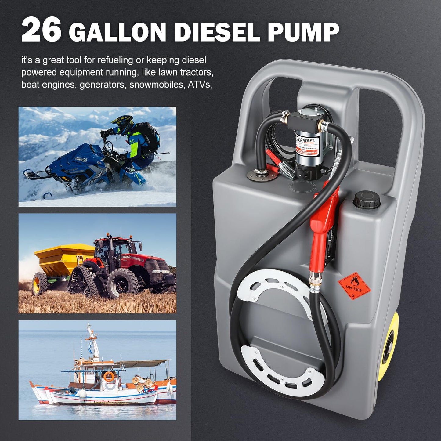 DNA MOTORING Portable Fuel Tank Caddy 26 Gallon 100L 12V Diesel Transfer Unit for Cars Trucks Lawn Mowers ATVs Boats,Grey,TOOLS-00303