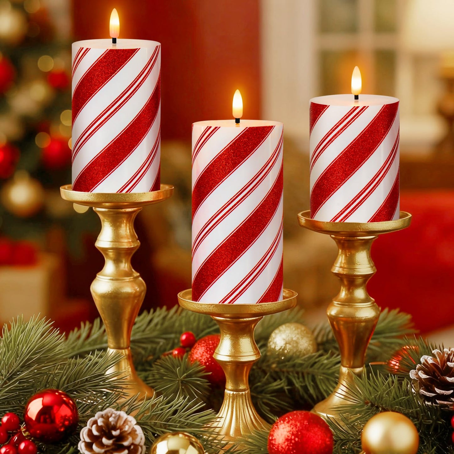 Lumeavetra Christmas Glitter Red Stripes LED Flameless Candles, Battery Operated Real Wax Pillar Candles with Remote and Timer for Holiday Table Centerpieces Home Decorations, Set of 3