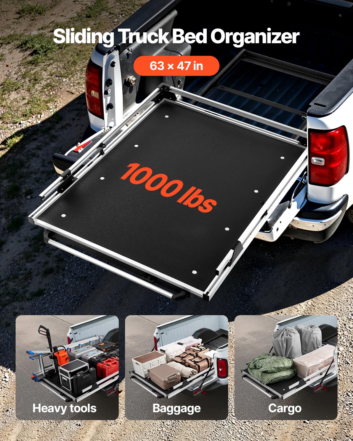 VEVOR Sliding Truck Bed Organizer, 63 x 47-Inch Heavy Duty Truck Bed Storage Drawer with 1000 lbs Capacity, Features 6 Movable Rings for Securing, 2-Postion Slide Out Tray for Pickup Trucks, Black