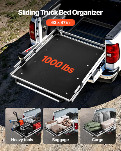 VEVOR Sliding Truck Bed Organizer, 63 x 47-Inch Heavy Duty Truck Bed Storage Drawer with 1000 lbs Capacity, Features 6 Movable Rings for Securing, 2-Postion Slide Out Tray for Pickup Trucks, Black