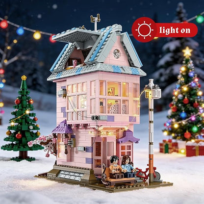 Cherry Blossom Pink House Building Set with LED Light Three Story Apartment with Study Greenhouse Cherry Blossom House Construction for Home Decor Birthday Gift for Adults Girls 12+ (1432 PCS