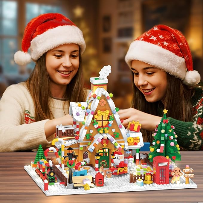 2025 Christmas Gingerbread House Courtyard Mini Building Set with Lights Christmas Village Building Block Toy with Santa Xmas Tree Holiday Train Gift for Adults Boys Girls 14+ (1763PCS)