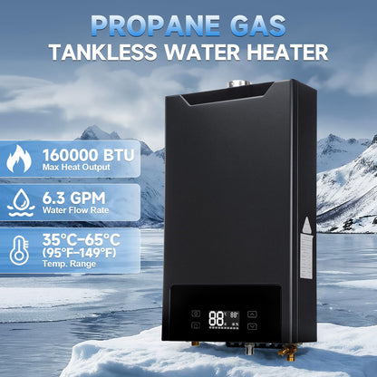 GEARPASS Propane Gas Tankless Water Heater, 6.3 GPM, 160,000 BTU Indoor, On Demand Instant Hot Water Heater with Touch LED Temperature Display and Multi-Protection