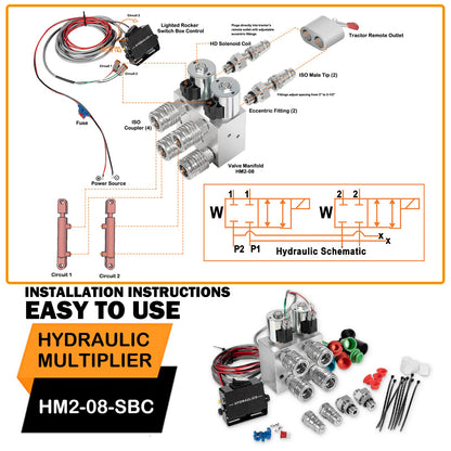 Hydraulic Multiplier Kit - SCV Splitter Valve 2 Circuit fit for JohnDeere/Case/Kubota Tractors,SCV Splitter/Diverter Manifold Valve with Switch Box Control,Hydraulic Multiplier 2 Circuit Kit 3000 PSI