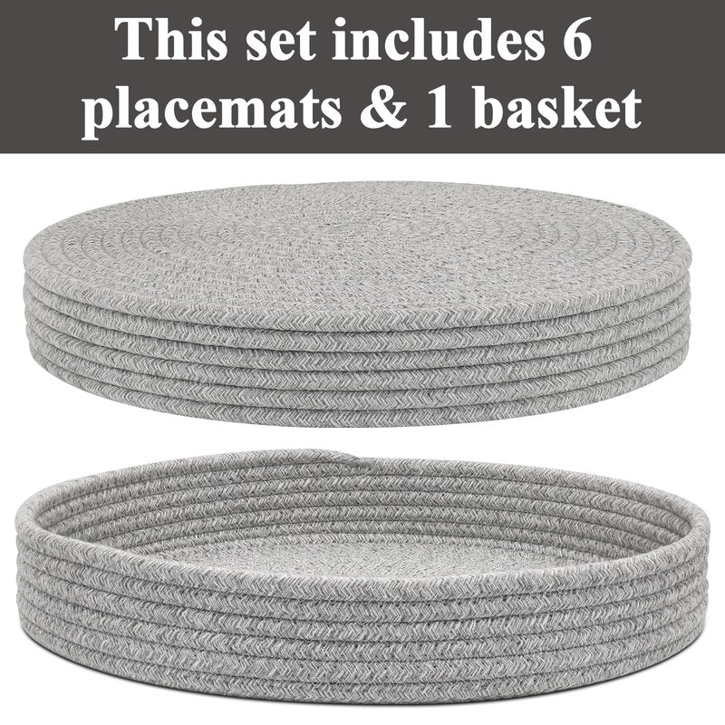 Round Placemats Set of 6 with Holder, Cotton Rope Woven Place Mats, Hot Pads for Kitchen, Heat Resistant Table Mats, 13 Inch Farmhouse Washable Braided Placemat for Kitchen Decor (Gray)