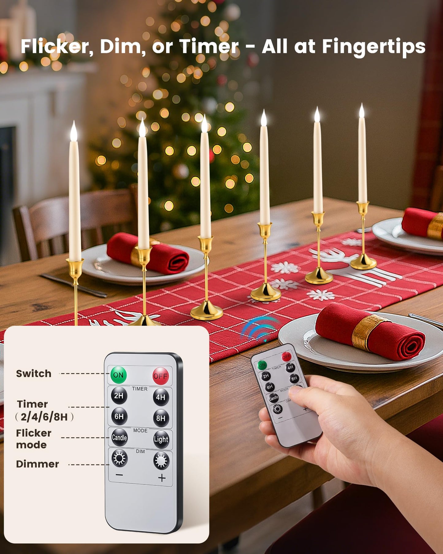 SURAIELEC 10.5'' Flameless Ivory Taper Candles, Battery Operated Candle with Remote, Timer, Dimmer, 5000K Cool Clear White, Realistic LED Candle for Party, Halloween & Christmas Decoration, 6 Pack