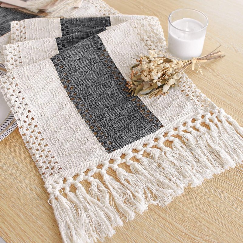 FEXIA Boho Table Runner for Christmas Home Decor with Tassels 72 Inches Long Farmhouse Grey Rustic Table Runner Macrame Burlap Table Decoration for Living Room Bridal Shower(12x72 Inches)