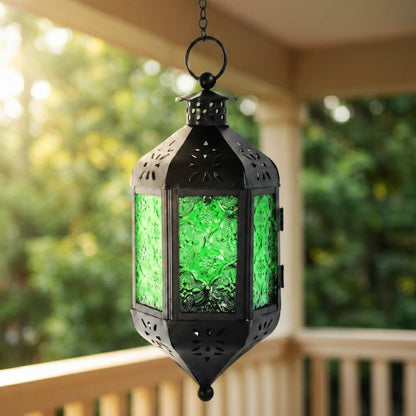 Vela Lanterns Hanging Moroccan Lamp - Exotic Decorative Patio & Porch Decor, Indoor Outdoor Tea Light Candle Lantern Holder with Chain (11" Medium, Green Glass, 2-Pack)