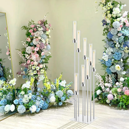 Floor Candelabra Wedding Centerpiece, 45.3'' Tall Floor Candle Holder Set, 8-arm Silver Metal Candlestick Holders with Acrylic Shades, LED Taper Candle Holder Stand for Party Wedding Home Decor