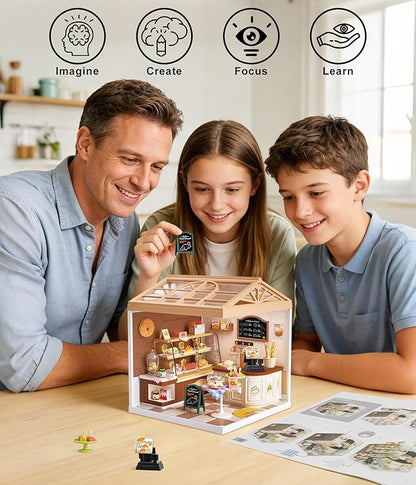 Miniature Bakery Dollhouse Kit - Sunny Pastry Shop DIY Room with Glass Door &amp Protective Roof &amp LED Lights - Creative Building Toy for Adults Teens and Kids - Unique Gift Idea