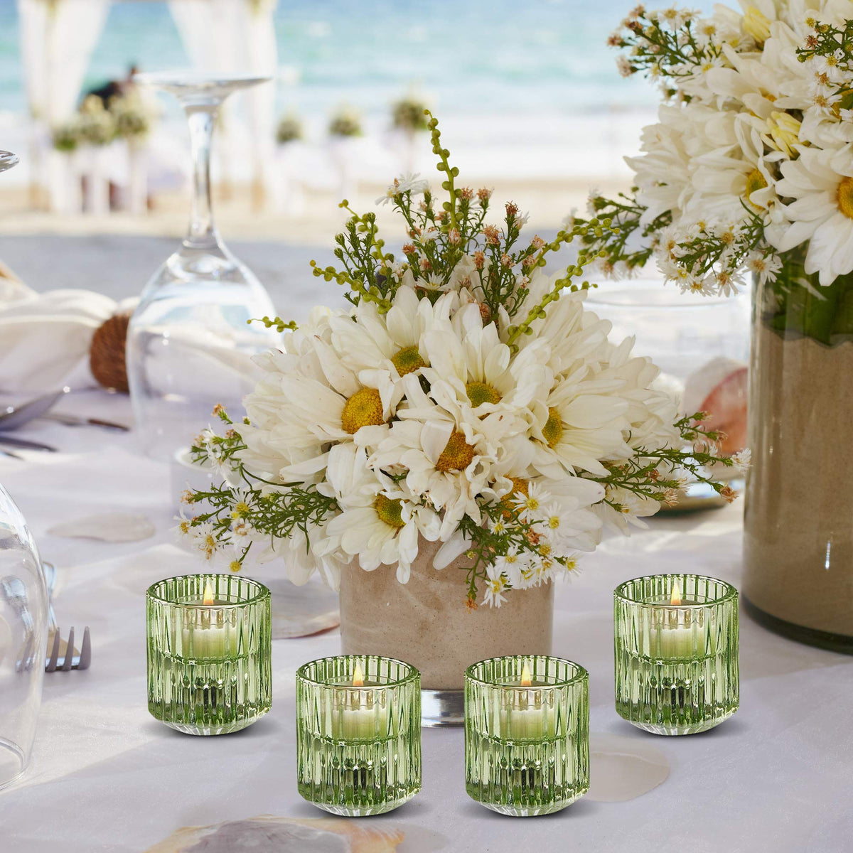 Serene Spaces Living Set of 4 Green Ribbed Glass Votive Holders, Perfect for Weddings and Home Décor, Measures 2.25" Tall and 2" Diameter