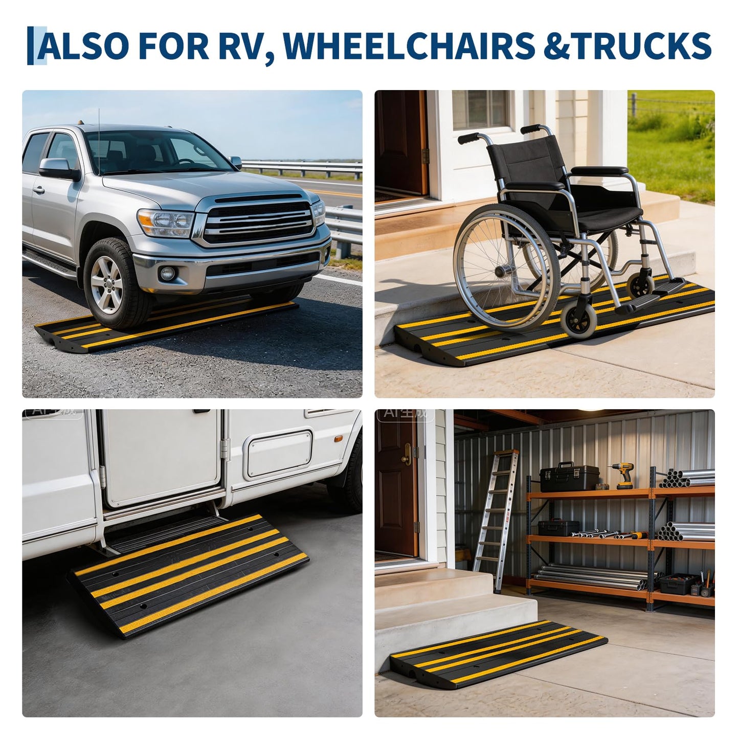 48" Car Driveway Rubber Curb Ramp 3 Pack, 33000 LBS Heavy Duty Low Profile Slope Ramps with Reflective Safety Strips for Vehicles, RVs, and Wheelchairs