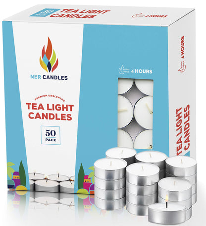 50 Unscented Tea Lights Candles White, Smokeless, Dripless & Long Lasting Paraffin Small Votive Mini Tealight Candle for Home, Pool, Shabbat, Weddings & Emergencies (50-Pack)