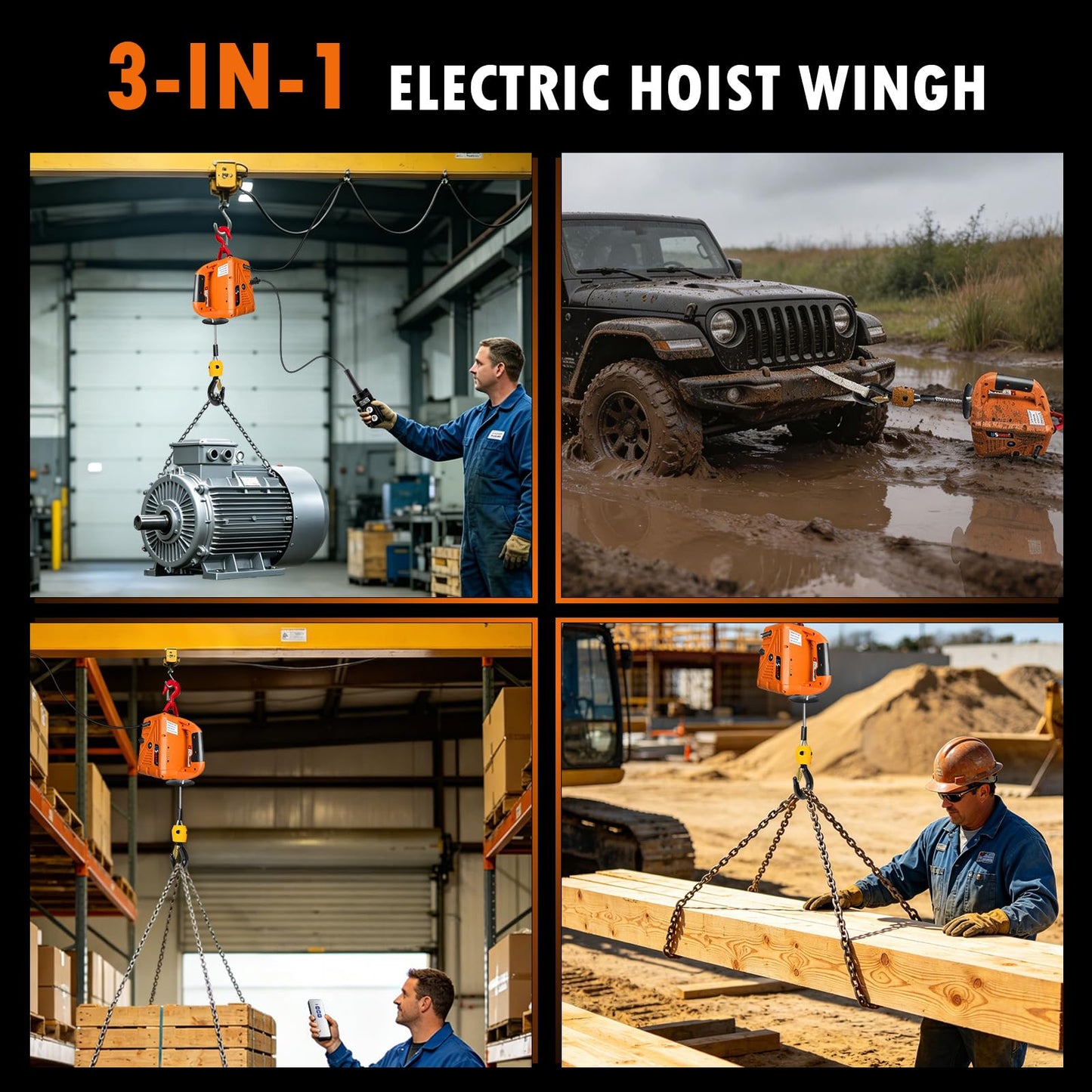 3 in 1 Electric Hoist Winch 1100LBS, 110V Portable Power Winch Crane with Manual, Wired & Wireless Remote Control, 25ft Lifting Height, Overload Protection for Lifting Towing